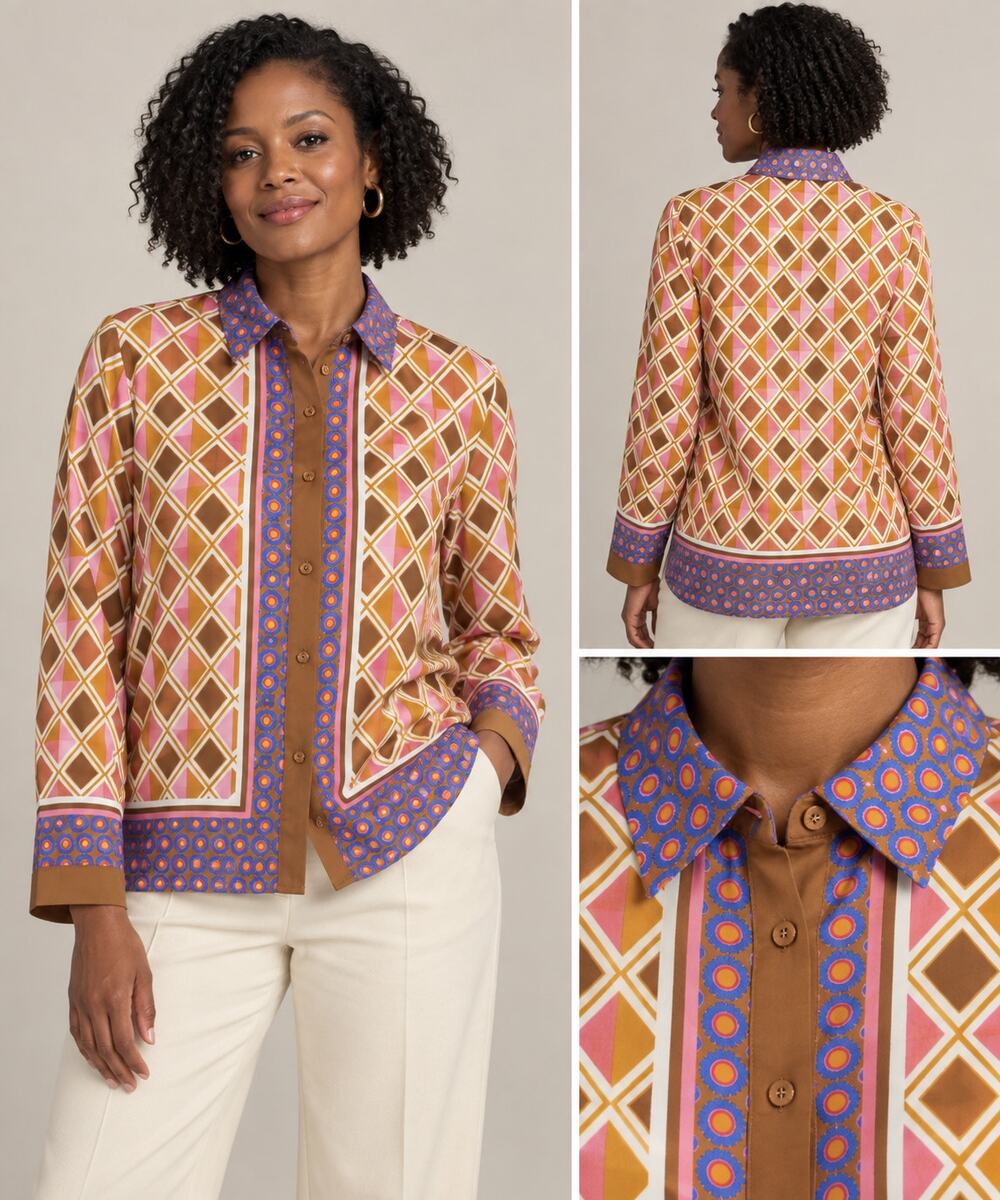 Rose+Olive Women’s Medium Retro Geometric Print Button Up Blouse Brown Blue Pink